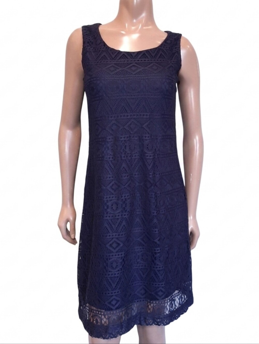 Tacera Sleeveless Lace Overlay Navy Blue Shift Dress Womens Size Medium